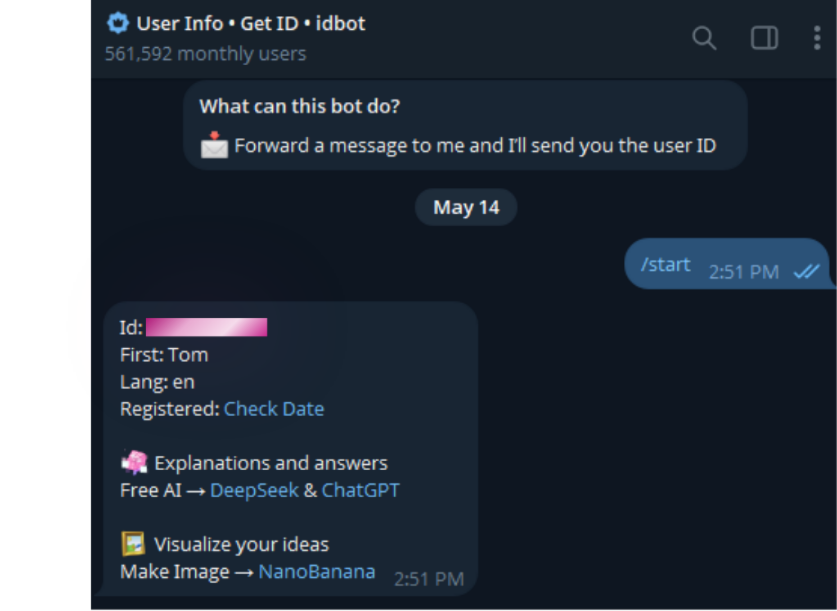 quay lại Telegram, tìm @userinfobot, bấm Start, nó sẽ trả về ID của bạn