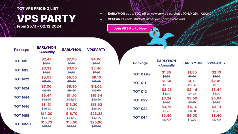 TOT VPS pricing list on Early Cyber Monday event