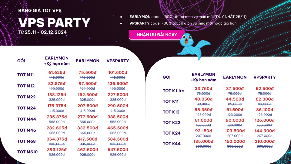 Bảng giá TOT VPS sự kiện Early Cyber Monday