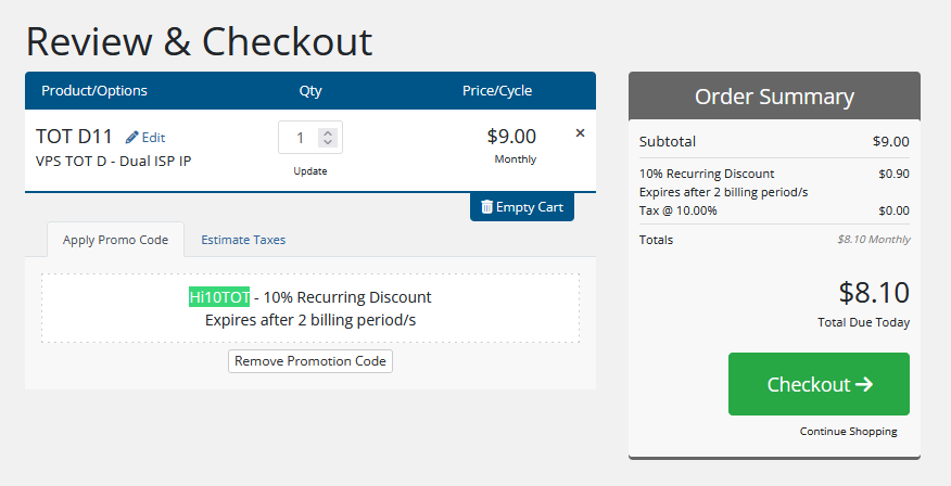 Add code Hi10TOT to get 10% off on VPS TOT Duo and VPS TOT GT