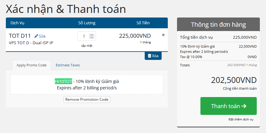 hướng dẫn sử dụng mã Hi10tot khi mua VPS TotHost lần đầu