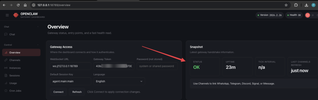 OpenClaw AI: Kết nối gateway thành công