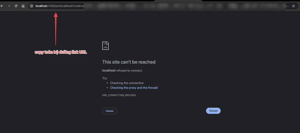 sau khi cấp quyền ChatGPT cho OpenClaw, hãy copy toàn bộ URL