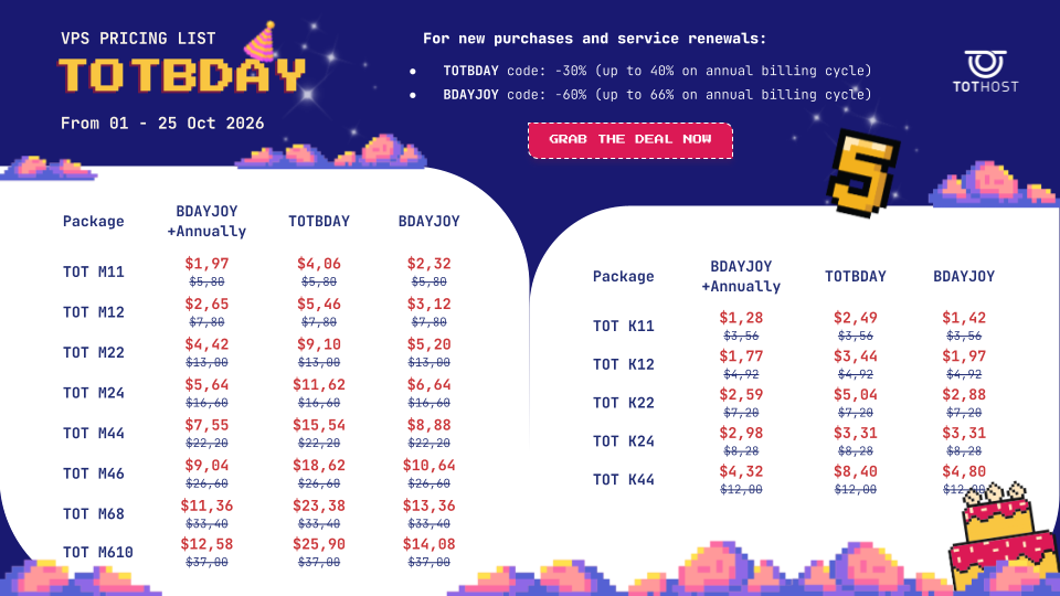 TOTBDAY Party promotional Pricing