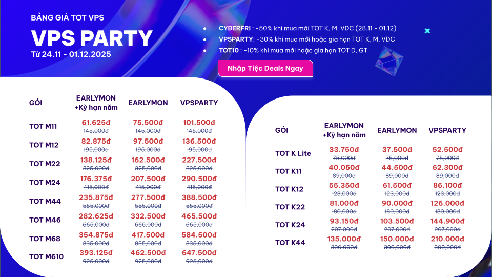 Bảng giá VPS TotHost sale Black Friday 2025