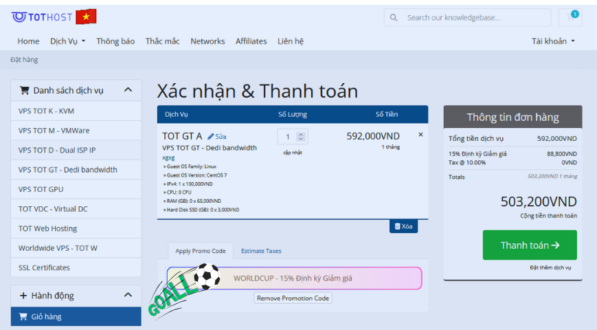 Cách nhập mã WORLDCUP nhận ưu đãi 15% khi mua TOT VPS