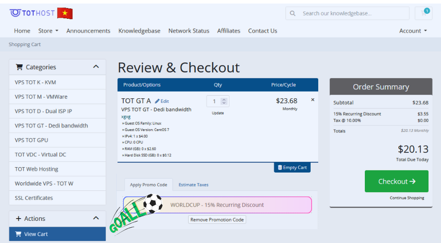 Enter WORLDCUP to save 15% on TOT VPS