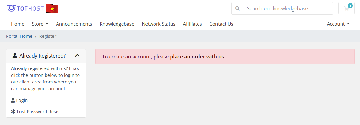 Place an order to create account on TotHost
