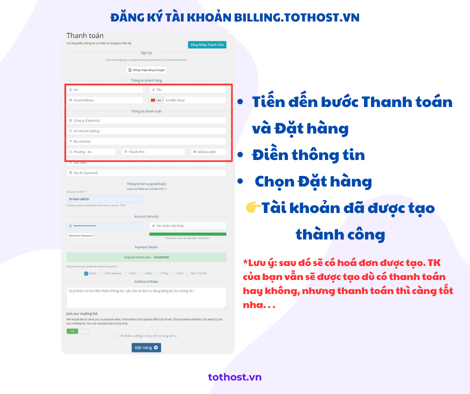 Điền thông tin tài khoản TotHost