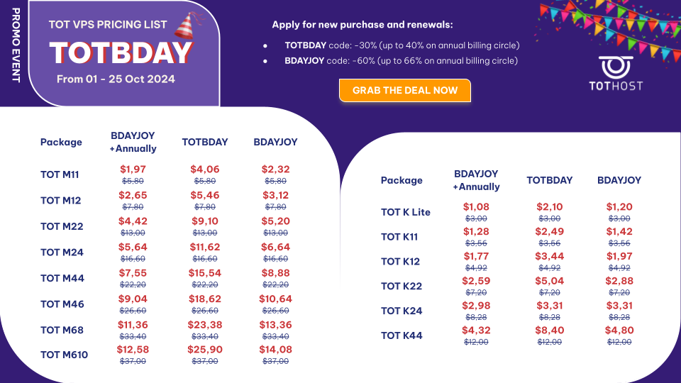 TOTBDAY Pricing List